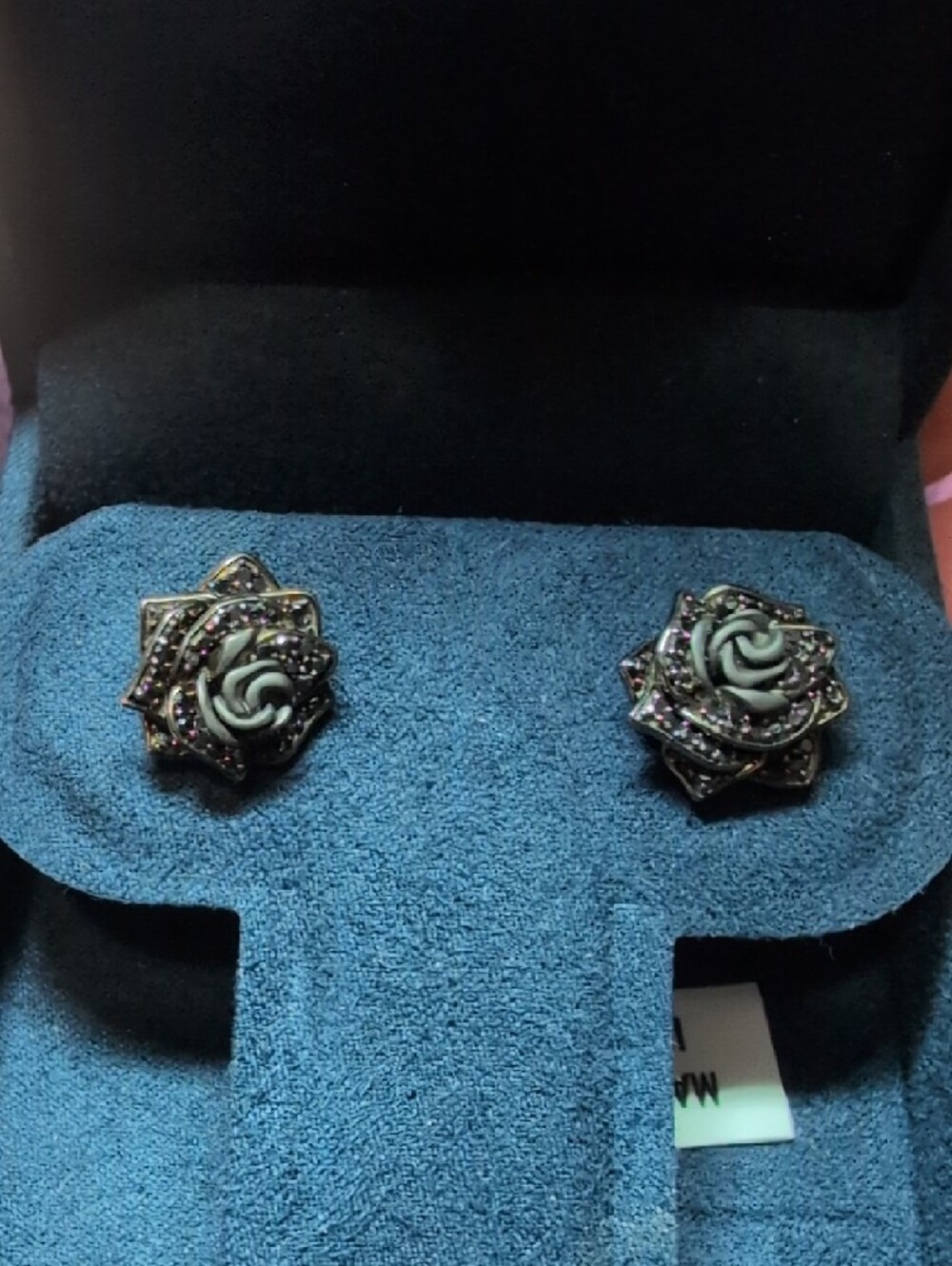 Black Diamond Floral Rose Stud Earrings In Sterling Silver for Women - Picture 8 of 10